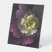 抽象芸術モダンプルカーキグレーフラクタルフラワー 台座サイン (正面)