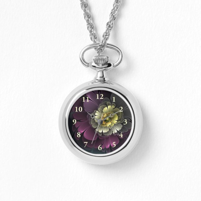 抽象芸術モダンプルカーキグレーフラクタルフラワー 腕時計 (正面)