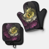 抽象芸術モダンプルカーキグレーフラクタルフラワー 鍋つかみ&鍋敷きセット (正面/裏面)