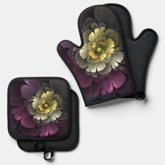 抽象芸術モダンプルカーキグレーフラクタルフラワー 鍋つかみ&鍋敷きセット (正面/裏面)