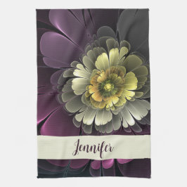 抽象芸術モダンプルカーキグレーフラワーネーム キッチンタオル