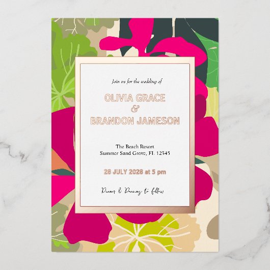 抽象芸術モダンホットピンク結婚フローラ金ゴールド 箔招待状 (正面)