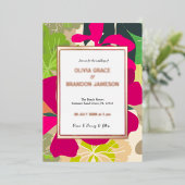 抽象芸術モダンホットピンク結婚フローラ金ゴールド 箔招待状 (立ち正面)