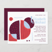 抽象芸術モダンマルーンレッドブルーウェディング招待 (正面/裏面)