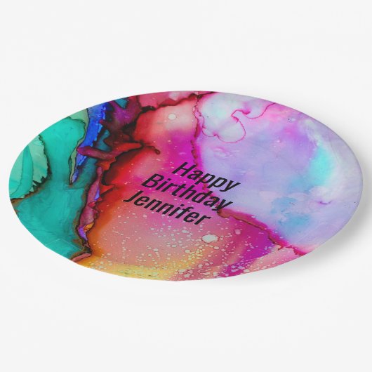 抽象芸術モダンマーブルウォーター色デザイン誕生日 ペーパープレート (アングル)