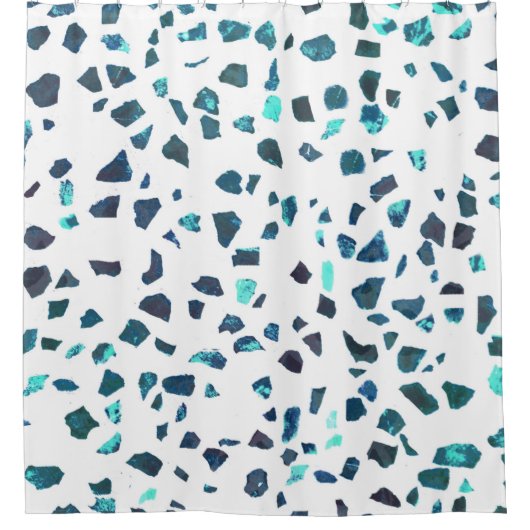 抽象芸術モダンマーブルネイビーティール（緑がかった色）ホワイトテラッツォ シャワーカーテン (正面)