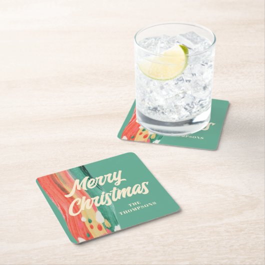 抽象芸術モダンメリーパーソナライズされたクリスマス スクエアペーパーコースター (インサイチュ)