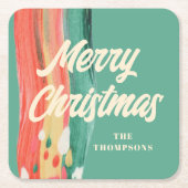 抽象芸術モダンメリーパーソナライズされたクリスマス スクエアペーパーコースター (正面)