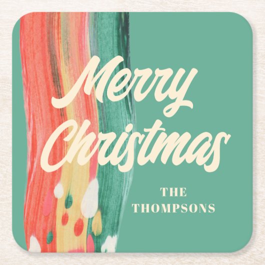 抽象芸術モダンメリーパーソナライズされたクリスマス スクエアペーパーコースター (正面)