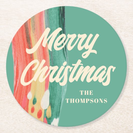 抽象芸術モダンメリーパーソナライズされたクリスマス ラウンドペーパーコースター (正面)