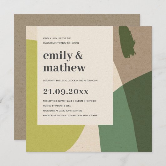 抽象芸術モダンライムグリーンクラフトアート婚約 招待状 (正面/裏面)