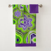 抽象芸術モダンライムグリーン、紫と黄 バスタオルセット (インサイチュ)