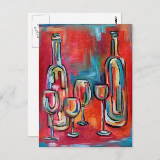 抽象芸術モダンワインボトルとグラス ポストカード (正面/裏面)