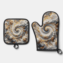 抽象芸術モダン旋回金ゴールド、白黒 鍋つかみ&鍋敷きセット