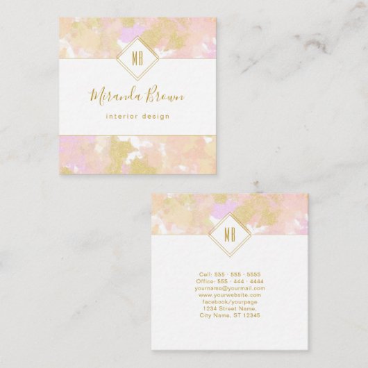 抽象芸術モダン書エレガント道ロゴピンク金ゴールド スクエア名刺 (正面/裏面)