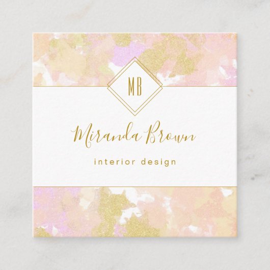 抽象芸術モダン書エレガント道ロゴピンク金ゴールド スクエア名刺 (正面)