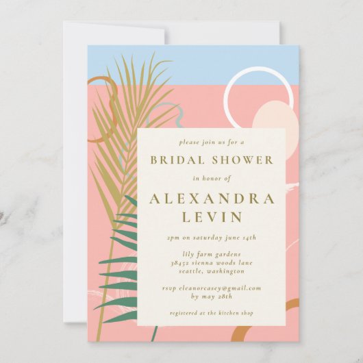 抽象芸術モダン植物性ピンクブルーブライダルシャワー 招待状 (正面)