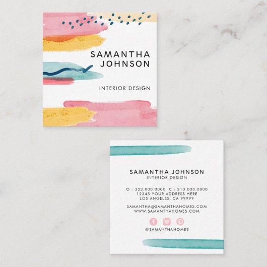 抽象芸術モダン水彩イエローピンクブルーデザイン スクエア名刺 (正面/裏面)