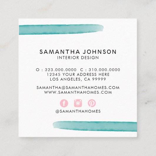 抽象芸術モダン水彩イエローピンクブルーデザイン スクエア名刺 (裏面)