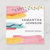 抽象芸術モダン水彩イエローピンクブルーデザイン スクエア名刺 (正面)