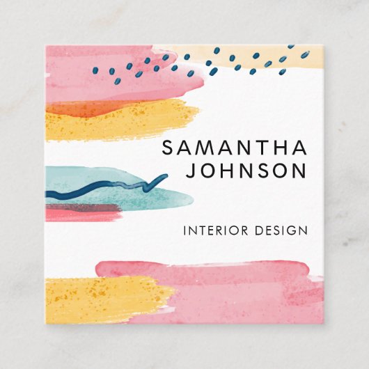 抽象芸術モダン水彩イエローピンクブルーデザイン スクエア名刺 (正面)