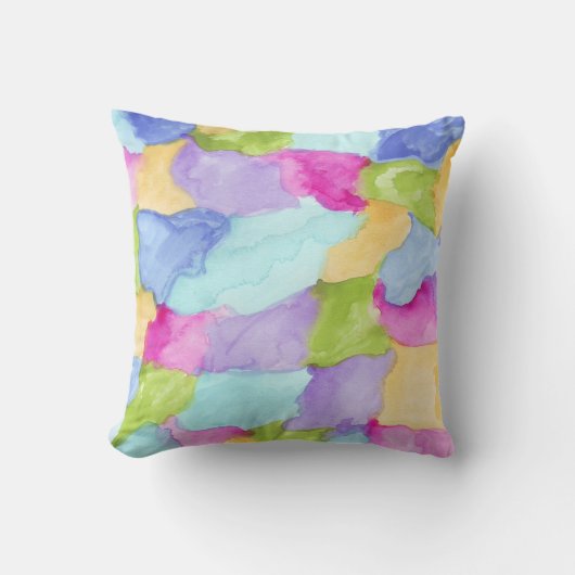 抽象芸術モダン水彩グリーンピンクブルーパープル クッション (正面)