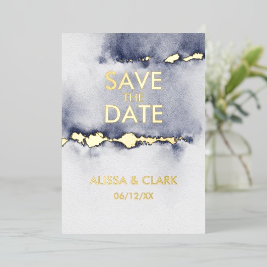 抽象芸術モダン水彩海軍の保存日付 箔招待状 (立ち正面)