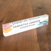 抽象芸術モダン水彩黄海軍ピンク デスクネームプレート (側面)