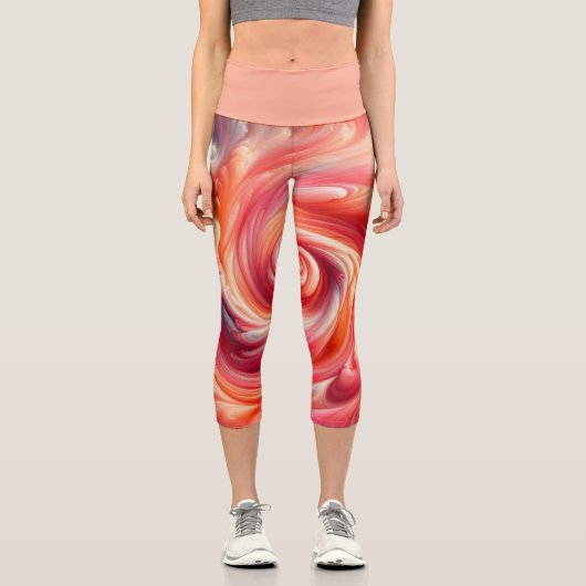 抽象芸術モダン渦巻きピンクとサーモン カプリレギンス (正面)