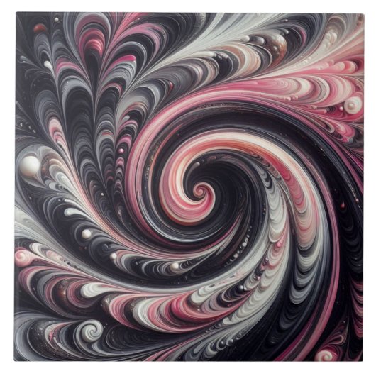 抽象芸術モダン渦巻きピンク、白黒 タイル (正面)