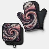 抽象芸術モダン渦巻きピンク、白黒 鍋つかみ&鍋敷きセット (正面/裏面)