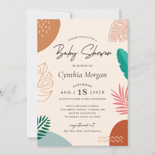 抽象芸術モダン熱帯夏かわいい赤ちゃんシャワー 招待状 (正面)