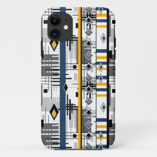 抽象芸術モダン白黒イエローオーナメント地域 iPhone 11 ケース