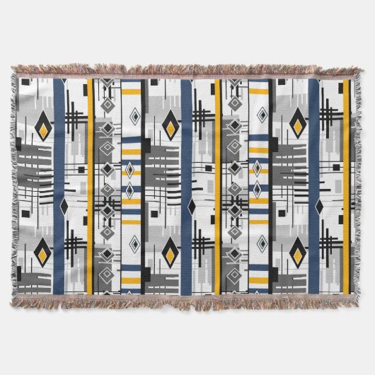 抽象芸術モダン白黒イエローオーナメント幾何学模様 スローブランケット (正面)