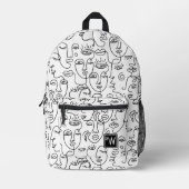 抽象芸術モダン白黒顔ラインモノグラム プリントバックパック (正面)