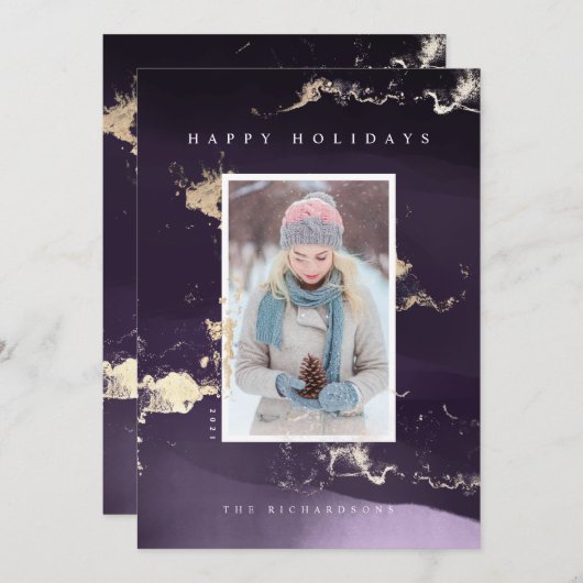 抽象芸術モダン紫色の水カラーの金箔フレーク シーズンカード (正面/裏面)