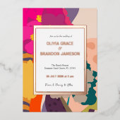 抽象芸術モダン結婚フローラ金ゴールド 箔招待状 (正面)