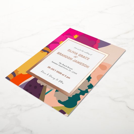 抽象芸術モダン結婚フローラ金ゴールド 箔招待状 (回転した状態)