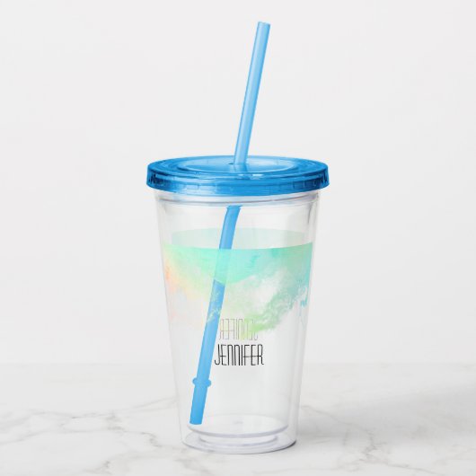 抽象芸術モダン緑と青の水色の渦巻き アクリルタンブラー (裏面)