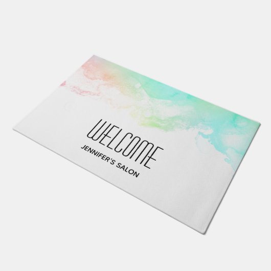 抽象芸術モダン緑と青の水色の渦巻き ドアマット (アングル)