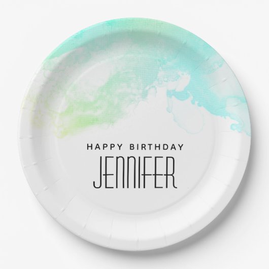 抽象芸術モダン緑と青の水色の渦巻き ペーパープレート (正面)