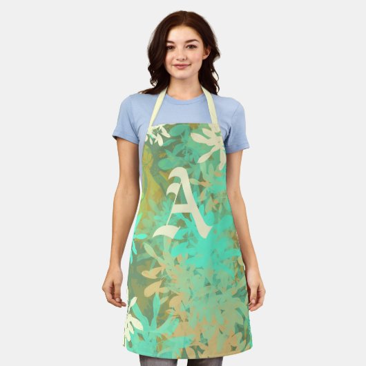 抽象芸術モダン緑葉柄エプロン エプロン (着用した状態)