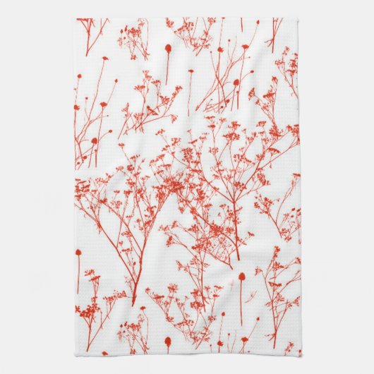 抽象芸術モダン赤トイルのワイルドフラワーオンホワイト キッチンタオル (縦)