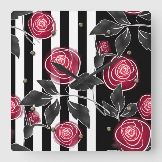 抽象芸術モダン赤葉いバラス スクエア壁時計 (正面)