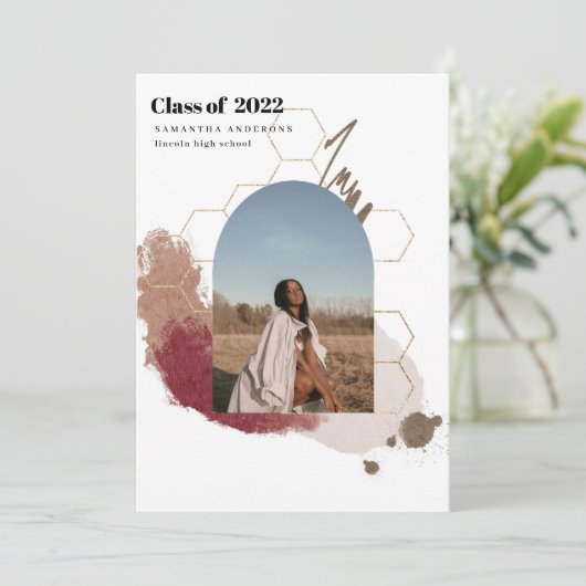 抽象芸術モダン金ゴールドとピンクの大学院の写真招待者 招待状 (スタンド正面)