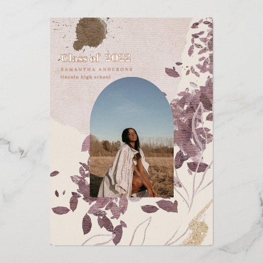 抽象芸術モダン金ゴールドと紫色の大学院写真 箔招待状 (正面)