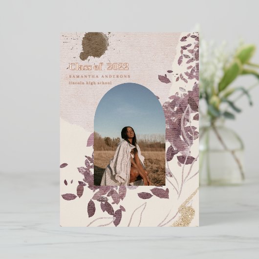 抽象芸術モダン金ゴールドと紫色の大学院写真 箔招待状