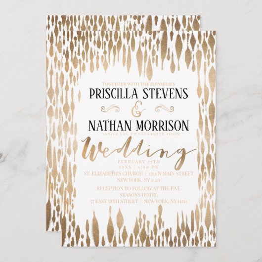 抽象芸術モダン金ゴールドのティアドロップブラシ結婚ストローク 招待状 (正面/裏面)