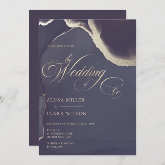 抽象芸術モダン金ゴールドダークネイビーブルー結婚ズ 招待状 (正面/裏面)