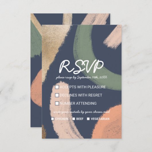 抽象芸術モダン金ゴールドネイビーピンク結婚セージ 出欠カード (正面/裏面)